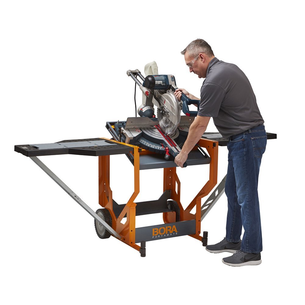 Bora Portamate – PM-8000 Miter Saw Stand Work Station | Mobile Rolling Table Top Workbench | Orange & Grey