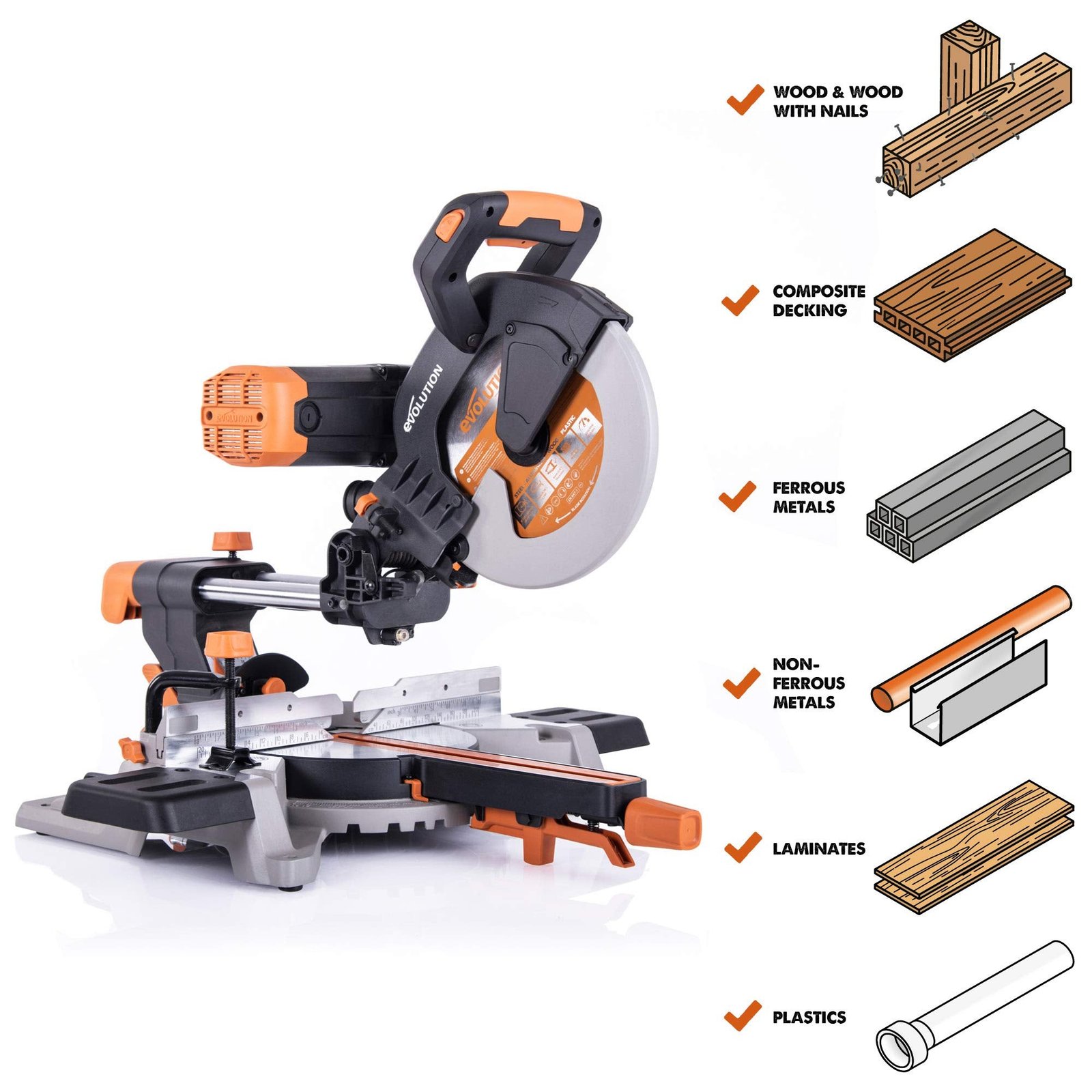Evolution – RAGE5-S Power Tools RAGE5S 10″ TCT Multi-Material Table Saw, 10 & Power Tools R255SMSDB 10″ Multi-Material Double Bevel Sliding Compound Miter Saw